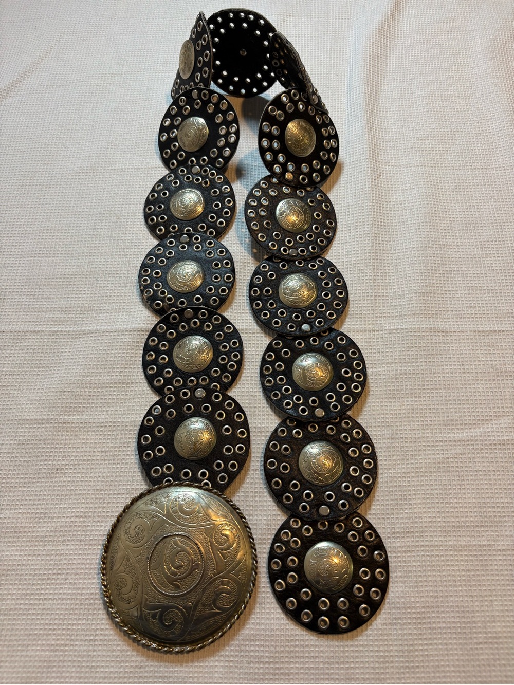 Black concho disc belt oversized engraved buckle boho western Morocco 40 in